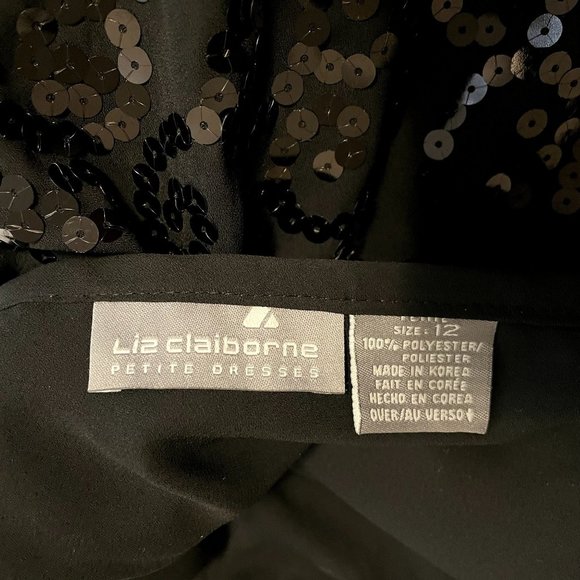 90s Vintage Liz Claiborne Black Crepe Sleeveless Slip Dress with Sequins Size 12 - Picture 6 of 7